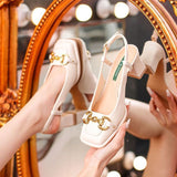 Women's Mid-heel 5.5CM 2023 Summer French Style Back Empty Female Thick Heel Square Toe Mary Jane Shoes Black Green Talon