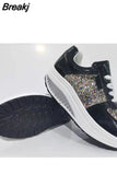 Women Casual Glitter Shoes Mesh Flat Shoes Ladies Sequin Vulcanized Shoes Lace Up Sneakers Outdoor Sport Running Shoes