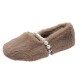 Women’s Plush Flat Shoes Fashion Pearl Cotton Shoes Outdoor Soft Sole Anti Slip Casual Shoes for Women Slip on Warm Fur