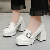 New Chunky High Heels Loafers Women Metal Buckle Square Toe Platform Pumps Woman Pu Leather Office Work Shoes