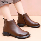 2023 Autumn Winter Women Boots Genuine Leather Flat Heel Side Zipper Soft Soled Retro Style Casual Mother Short
