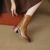Women's Boots Autumn Leather Short Boots for Women Round Toe Chunky Heel Retro Brown Female Zipper Ankle Boots Botas
