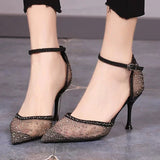 Sexy Black Mesh High Heels Shoes Women Summer 2023 Pointed Toe Crystal Pumps Woman Shiny Ankle Strap Party Shoes