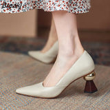 Beige Leather Women Pumps Sexy Pointed Toe Chic Stylish Office Lady Working Shoes 6cm Strange High Heel Stilettos