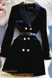 Vintage Women Winter Long Sleeve Velvet Dress Elegant Notched Collar Double Breasted Office Black Dress Slim with