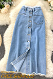 Long Denim Skirt for Women Korean Fashion Vintage Tassels High Waist Single Breasted A-line Jeans Skirt with