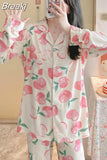 Women's Silk Long-sleeved Pajamas Sleepwear Suit Flower Printed High-grade Ice Silk Outside Home Wear Pijamas De