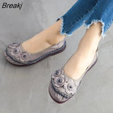 Spring Fashion Flower Design Round Toe Soft Bottom Flat Shoes Vintage Genuine Leather Women Flats Girl Loafer Large