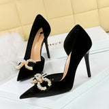 Breakj 79 Banquet Women's Shoes High Heel Suede Shallow Tip Side Hollow Water Diamond Buckle Pearl Bow Single