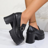 Black Chunky Heels Pumps Women Pu Leather Platform Loafers Woman Fashion Metal Buckle High Heels Dress Shoes Mary