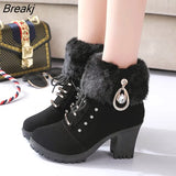 Autumn Women's Ankle Boots Female High Heels Shoes Flock Fashion Zipper Chunky Heels Short Botas for Ladies Casual