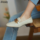 Metal Buckle Square Toe Women Flat High Shoes Crystal Heel Leather Square Loafers Shoes Fashion Chunky Heels Muller