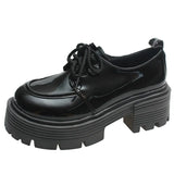 Patent Leather Platform Loafers Women 2023 Preppy Style Lace Up Oxford Shoes Woman Black Thick Bottom Y2K Shoes