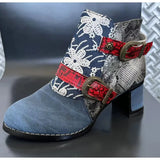 Vintage Splicing Printed Ankle Boots for Women Shoes Woman PU Leather Retro Block High Heels Zipper Women Boots Big