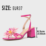 Breakj Women's Head Three-Dimensional Flowers Coarse Sandals Women's Shoes Elegant Gorgeous Fashion Rose Red High