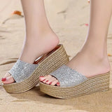 Gold Silver Sequins Wedges Slippers for Women 2023 Summer Open Toe Platform Sandals Woman High Heels Slides Ladies