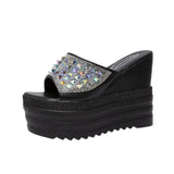 Rhinestone Wedges Heel Women Slippers Platform Shoes Peep Toe Height Increasing Slides Ladies Sandals Zapatos De