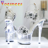 Transparent Platform High Heels Light Up Glowing Luminous Sandals Handmade Flowers Ankle Strap 17CM Summer Shoes For