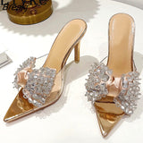 Thin High Heels Women Slippers Fashion Crystal Bowknot PVC Transparent Sandals Sexy Pointed Toe Summer Party Prom