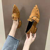 Spring New Women Pointed Toe Rivet Thick Heels Loafer Retro British Style Belt Buckle Slip on Chunky High Heels Women