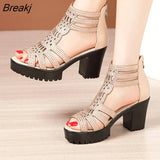 Soft Leather Peep Toe Roman Shoes 2023 New Hollow Women's Sandals Chunky Heel Platform All-Match High Heels Sandals