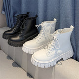 Chunky Platform Ankle Boots Women Pu Leather Square Heels Combat Boots Woman Lace Up White Black Short Booties