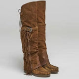 Bohemia Knee-length Women Boots Ethnic Personality High Boots Tassels Faux Suede Boots Girl Flat Bottom Long Botas