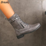 Low-heel Casual Women's Boots 2023 Winter Warm Zipper Round-toe Shoes Motorcycle Boots New Ankle Boots Lace-Up