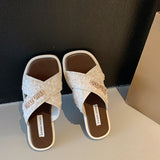 Women Shoes Summer New Vintage Woven Roman Sandals Fashion Open-Toe Sandals Female Slip-on Flats Beach Shoes Ladies