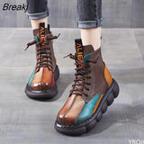 Autumn Mixed Color Shoes Women Boot Fashion Round Toe Lace Up Retro Handmade Casual Platform Ankle Boots Ladies Short