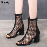 Summer New Fashion Mesh/mesh Fish Mouth Short Tube High Heels Hollow Women's Breathable Riding Boots Thick Heel