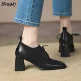 Spring Autumn Brown Retro Lace-up Shoes Women's Commuter Comfortable High Heels Thick Heel Deep Mouth Women's