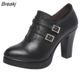 Women's Shoes Block Heels 2023 Deep Mouth Buckle Platform Pumps High Heel Elegant Leather Office Shoes Ladies Big Size