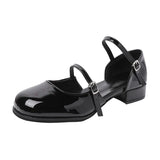 summer spring Women Double Buckle Mary Janes Shoes Patent Leather Dress Shoes High Heels Pumps Retro Ladies Shoe Black