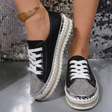 Shoes for Women Sneakers Crystal Thick Soles Casual Rhinestones PU Walking Flats Thick Bottom Lace Up Shoes Plus Size