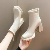 Women Ankle Boots Square High Heel Ladies Short Boots Woman Fashion PU Leather Round Toe Platform Boots Female