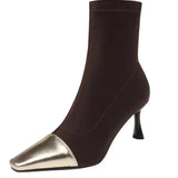 Socks Heels Winter Shoes For Women Boots-Women Stockings 2024 Autumn Rubber Pointy High Heel Ankle Ladies Lace-Up