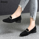 Autumn Winter Women Loafers Low Heels Boat Shoes Square Toe Dress Shoes Chain Faux Suede Plush Warm Ladies