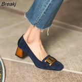 Retro Metal Buckle Loafers Women's English Style High Heel Flat Single Shoes Ladies Dress Shoes Faux Suede Low
