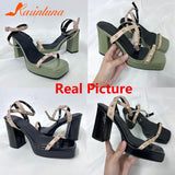 New Fashion 2023 Chunky High Heels Sandals Summer Ankle Buckle Riveted Design Ladies Sandals Comfy Walking Simply