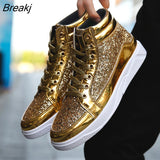 Fashion Men High Top Sneakers Male Ankle Boots Gold Luxury Glitter Shoes Streetwear Hip Hop Casual Boots Chaussures