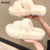 Women Platform Fur Fluffy Slipper Fashion Indoor Warm Plush Female Cotton Slippers Home Plus Size Flat Shoes Floor