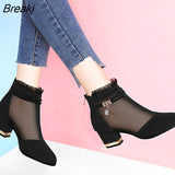 Women's Shoes Mesh Chunky Heel Fashion High Heels Short Tube Women's Boots Autumn Women's Shoes Hollow