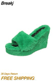 Size High-heeled Furry Slippers for Women's Autumn Winter 2023 New Open-toed Fashion Slope Loafers Fur Slippers