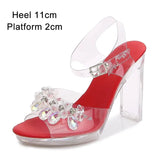 2023 Summer New Sandals Women Fashion Rhinestones Square Heel Transparent Women Shoes High Heels11cm Female Party