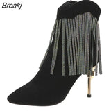 Light Luxury Fringed Rhinestone Ankle Boots Women's Stiletto High Heels Women's Side Zipper Pointed Toe Evening