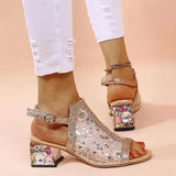 Women Summer Glitter Sandals Rhinestone Sandals Ladies Buckle Strap Round Toe Bling Med Heel Shoe Sandals for Women