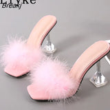 9CM Transparent High Heels Fur Slippers Women Feather Sandals Peep Toe Mules Lady Pumps Slides Party Shoes