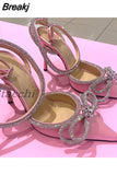 Rhinestones Women Pumps Crystal Bowknot Satin Sandals 2023 Summer Transparent Shoes High Heels Party Prom Designer