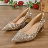 Shiny Sequin Pointed Toe Pumps for Women Wedding Party Thick High Heels Shoes Woman Shallow Mouth Pumps Plus Size